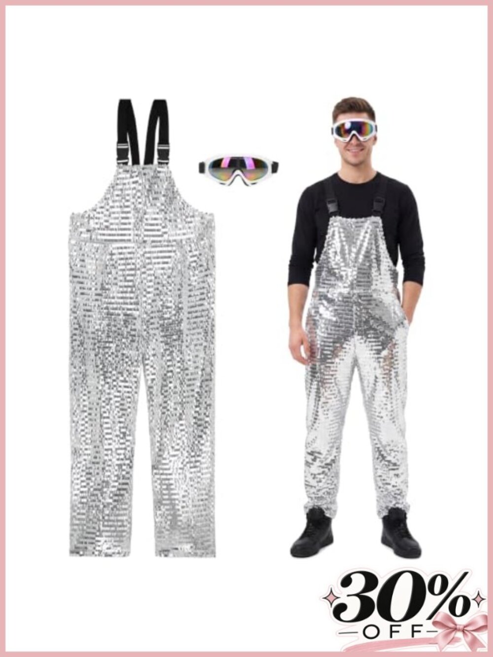 Men's Sequin Disco Ski Suit Costume with Mirrored Goggles Retro Halloween
